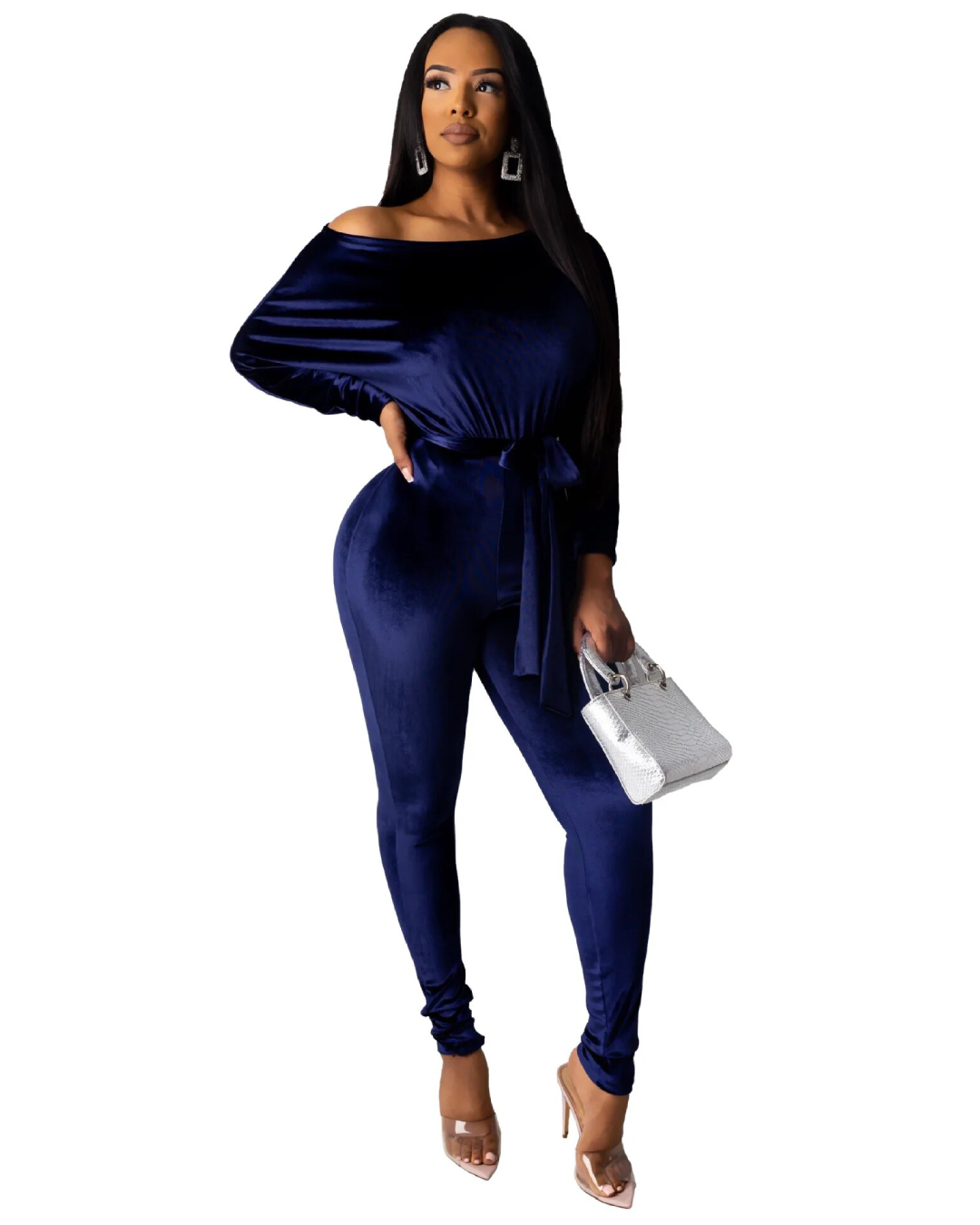 One Shoulder Velour Jumpsuit Sapphire S 