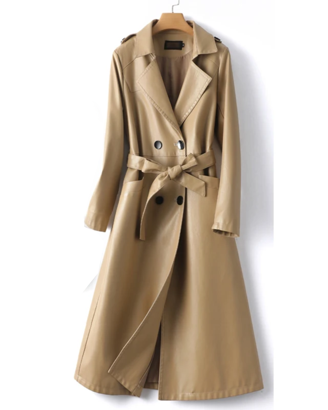 Long Leather Trench Coats Khaki M 