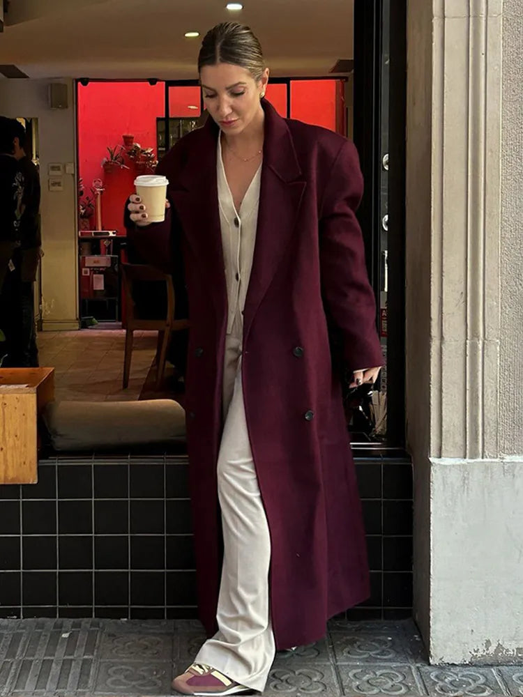 Casual Burgundy Long Sleeve Solid Coat Lavender M