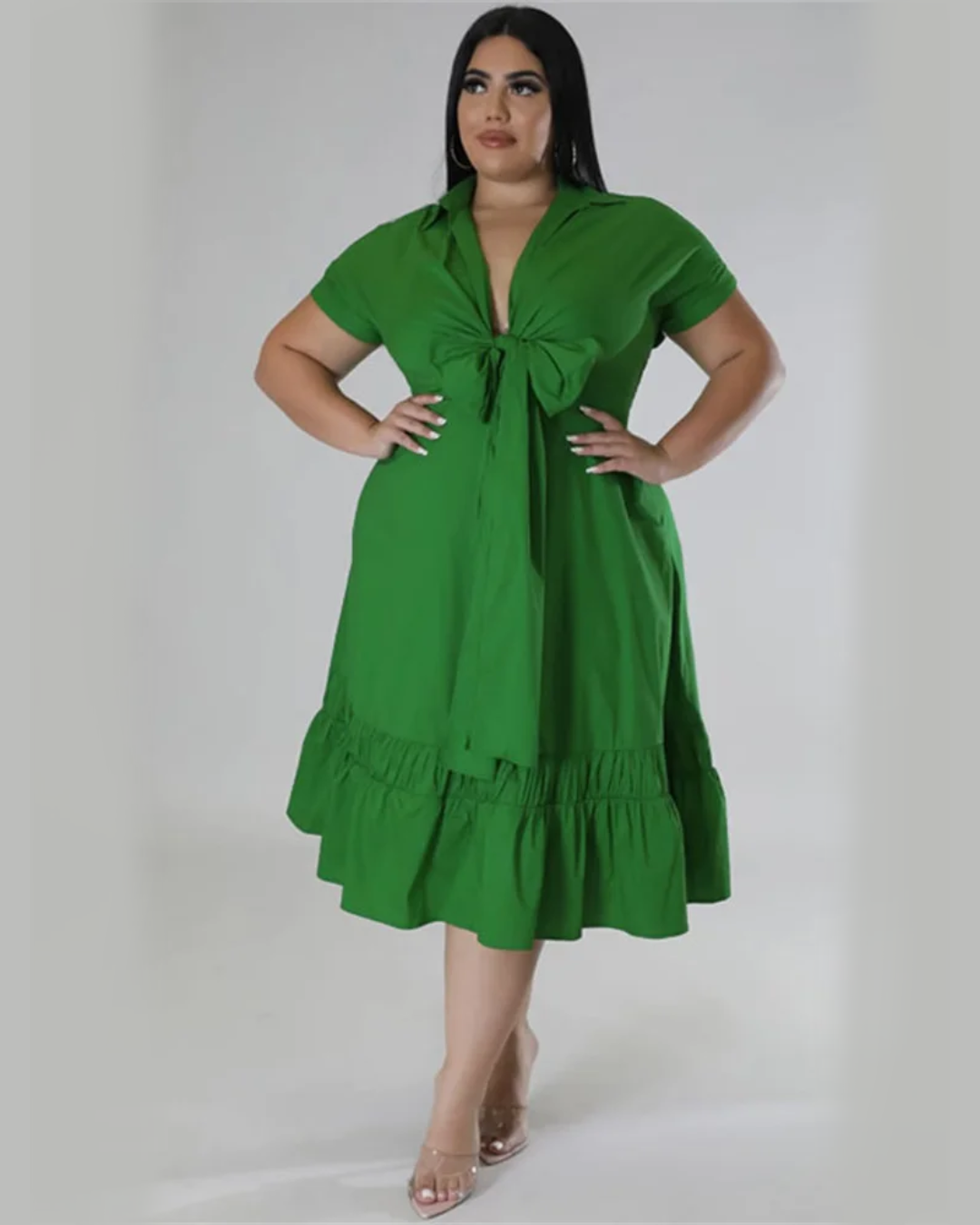 Plus Size Bandage Bow Dress Green XL 