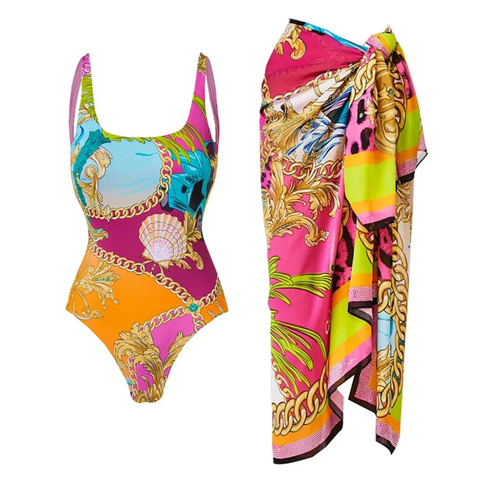 One Piece Swimsuit Set Printed Contrast Color