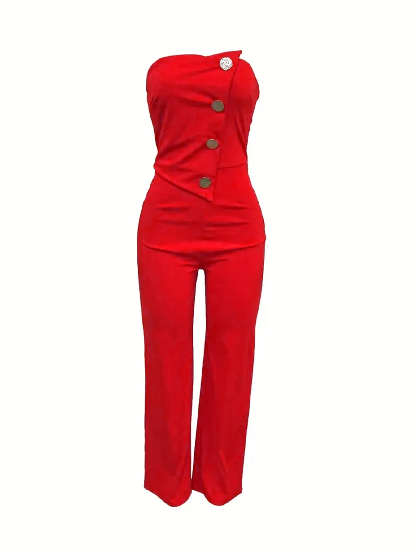 Red Strapless Big Button Jumpsuit