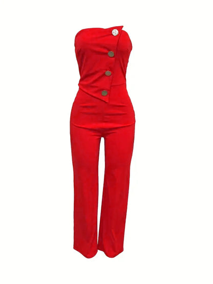Red Strapless Big Button Jumpsuit