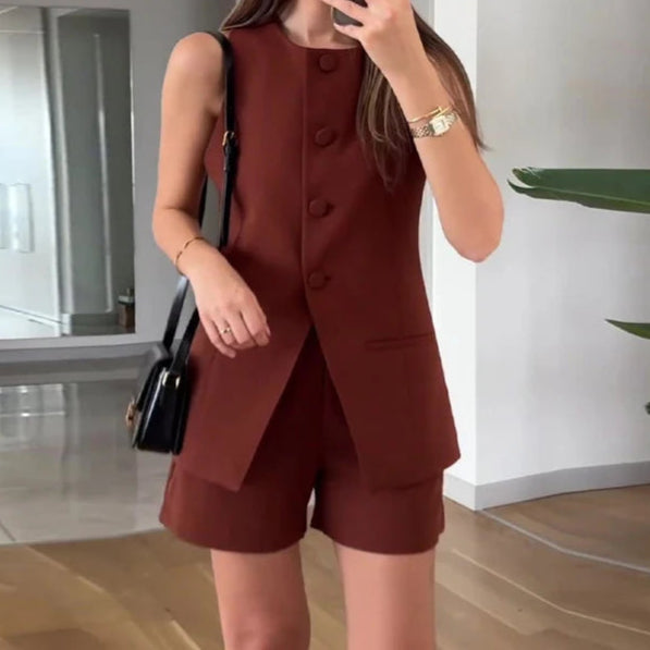 Suit Vest and High Waist Short Set Brick-red XS