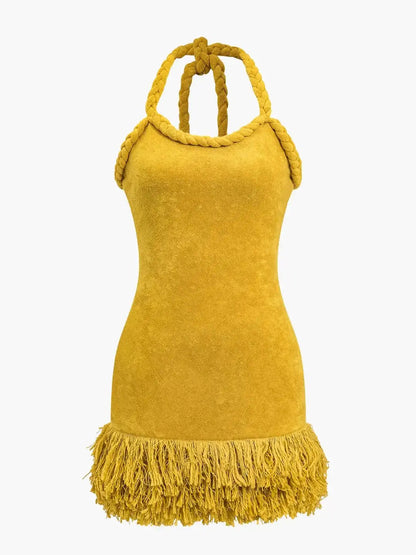 Halter Tassel Mini Knit Dress yellow S