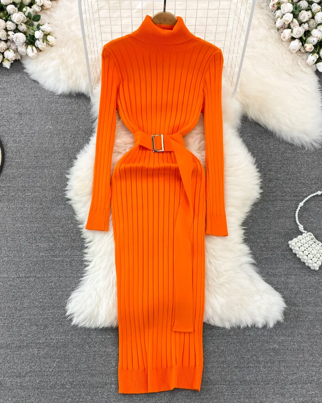 Turtleneck Long Sleeve Knitted Dress Orange One Size 