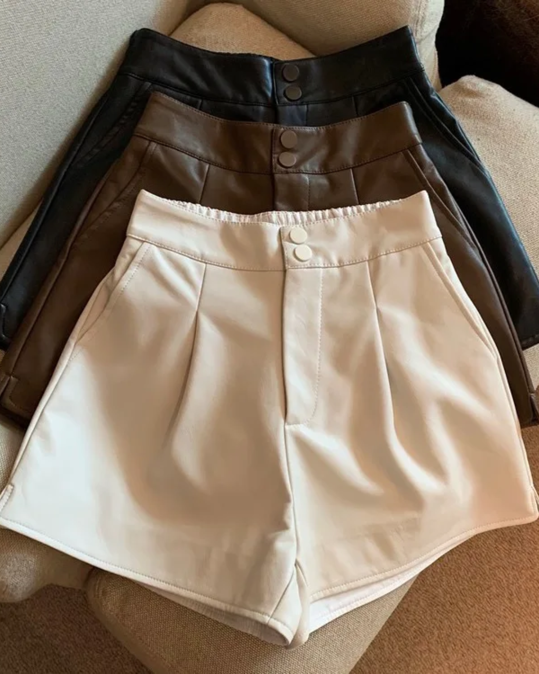 High Waist Leather Shorts Beige S 