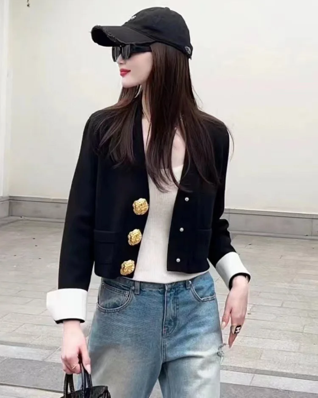 V-Neck Cardigan Long Sleeve Sweater Black One Size 