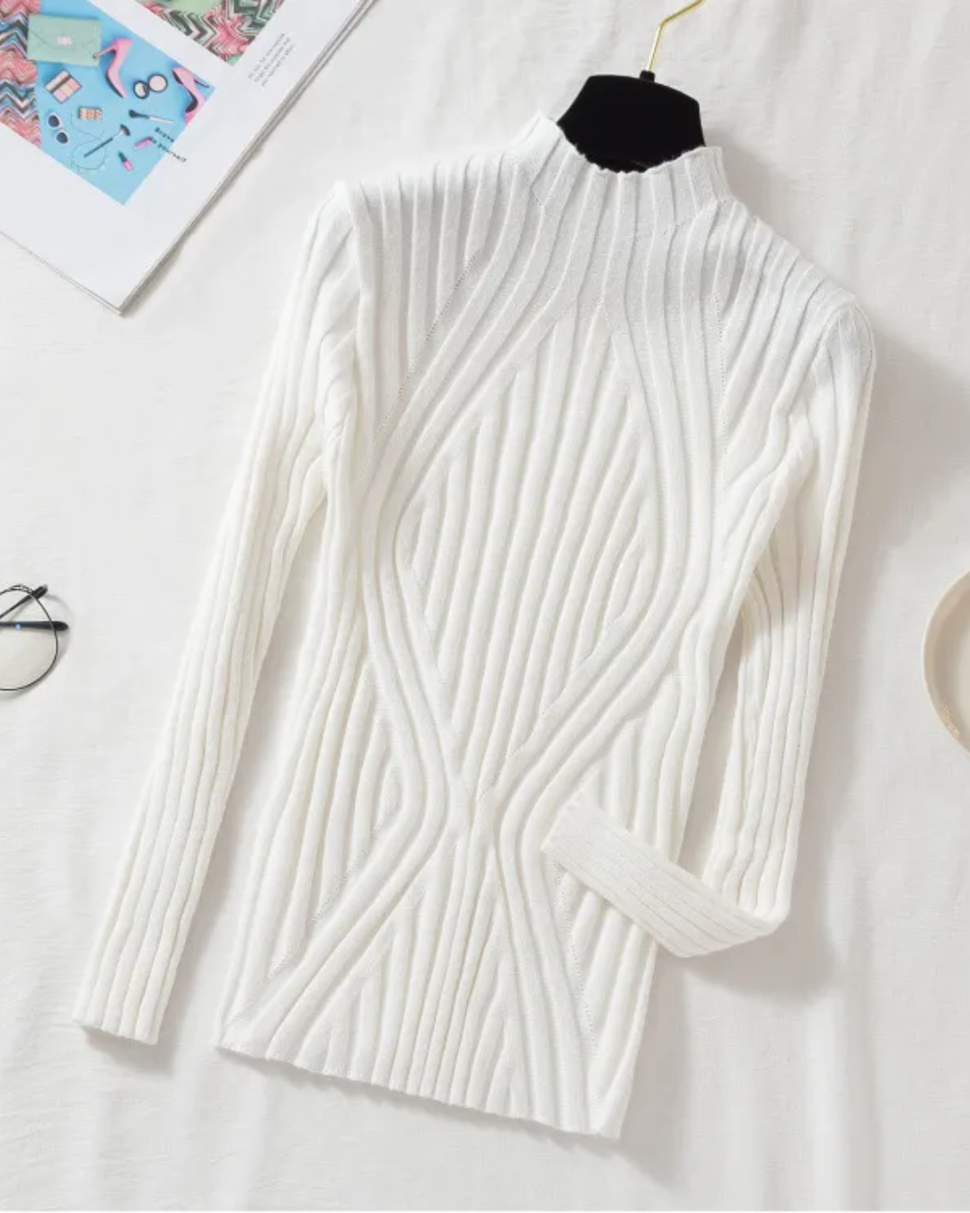 Half Turtleneck Long Sleeve Knitted Sweater White One Size 