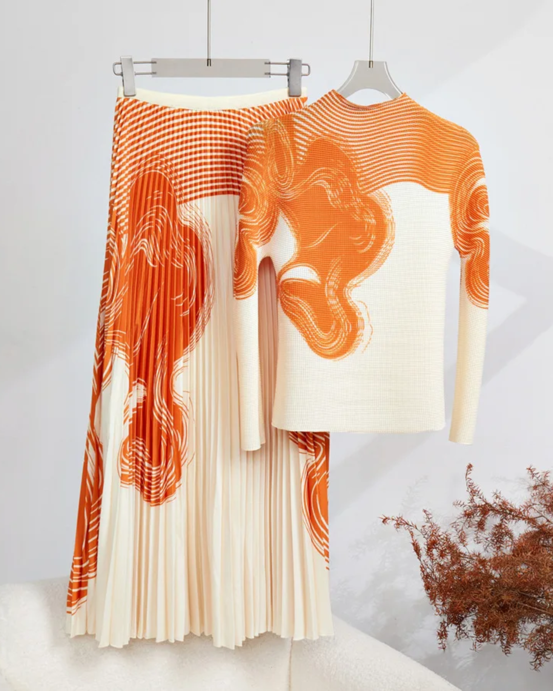 Pullover T-Shirts and Pleated Long Skirts Set Orange S 