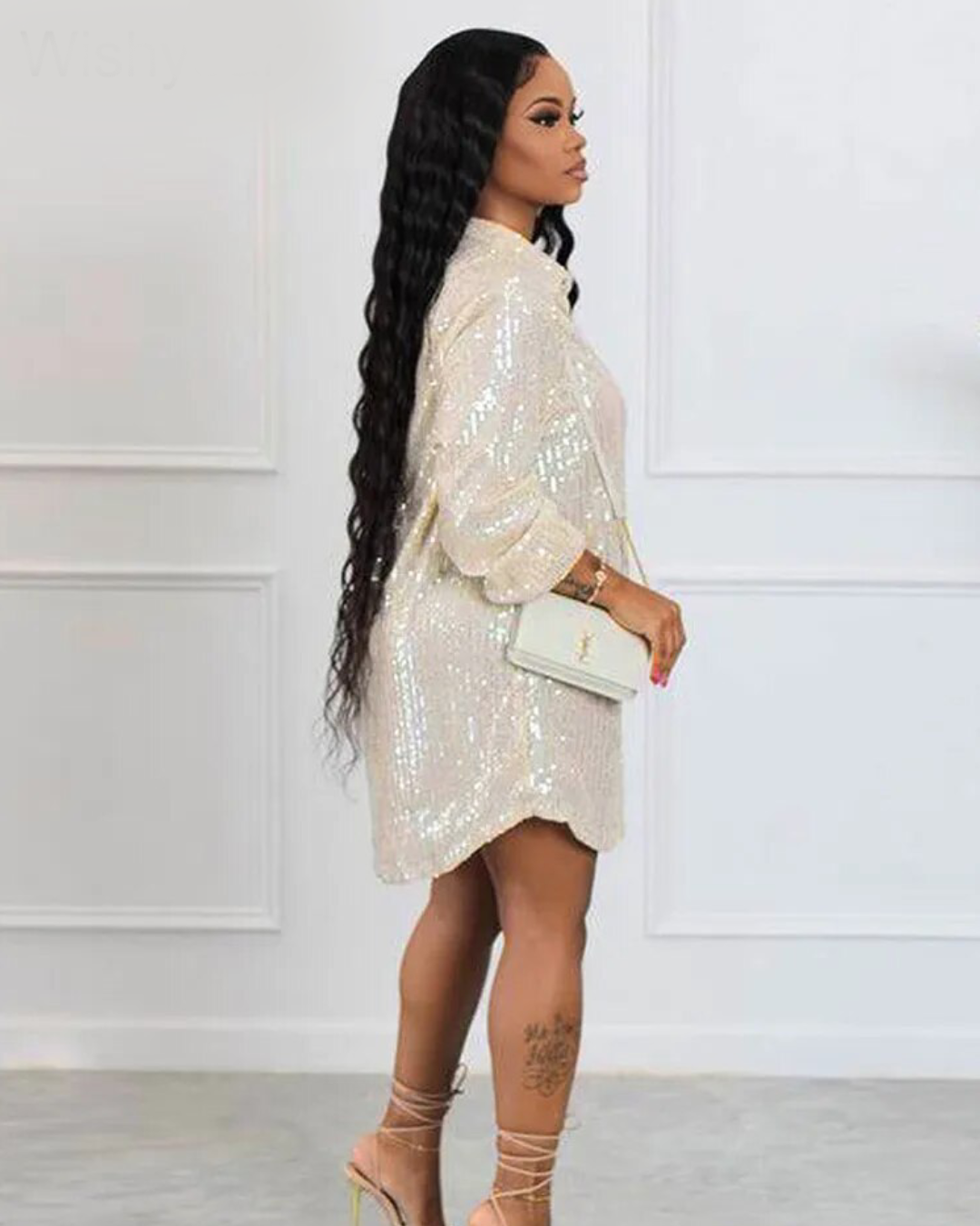 Long Sleeve Sequin Short Dress   