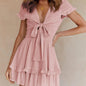 Deep V-Neck Tunic Waist Short Sleeve Pink XL
