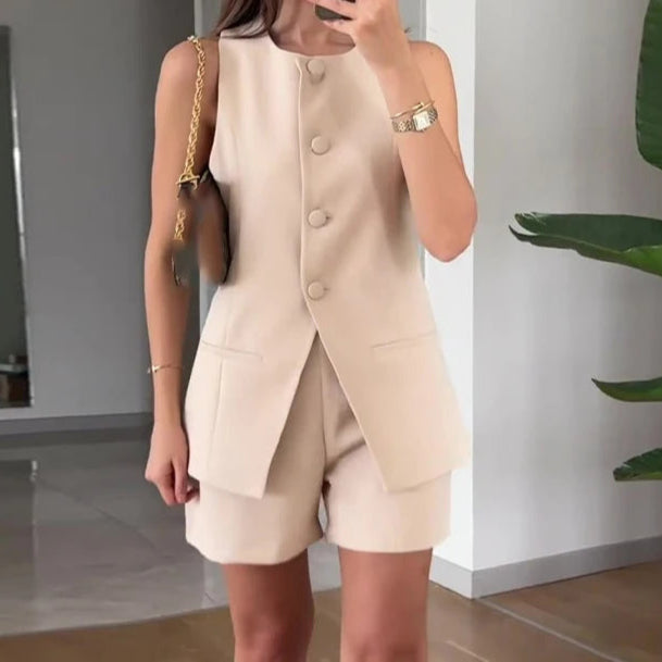 Suit Vest and High Waist Short Set Apricot XS