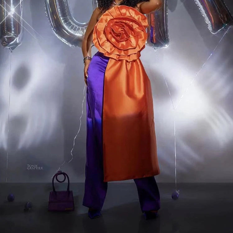 Elegant Backless 3D Flower Strapless Top Orange M