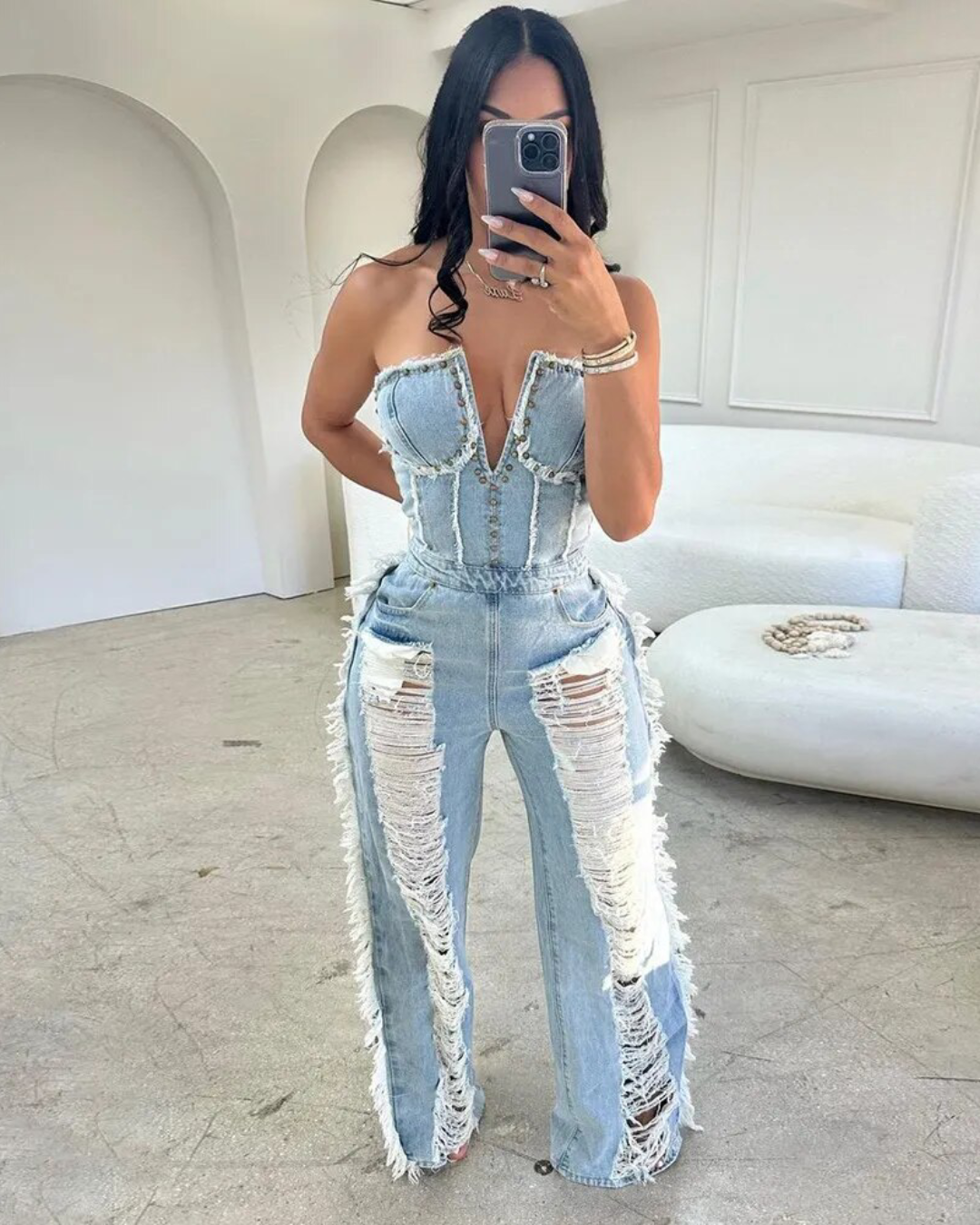 Off Shoulder Tassel Denim Jumpsuit   