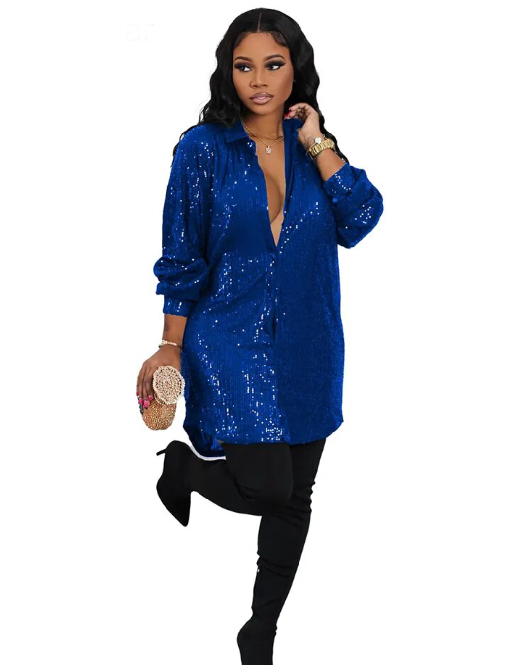 Long Sleeve Sequin Short Dress Blue S 