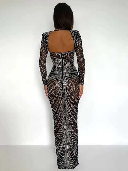 Glitter Mesh See-Through Bodycon Full Sleeves Dress