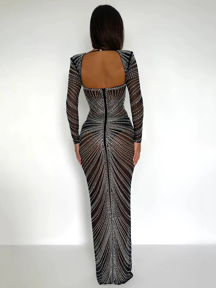 Glitter Mesh See-Through Bodycon Full Sleeves Dress