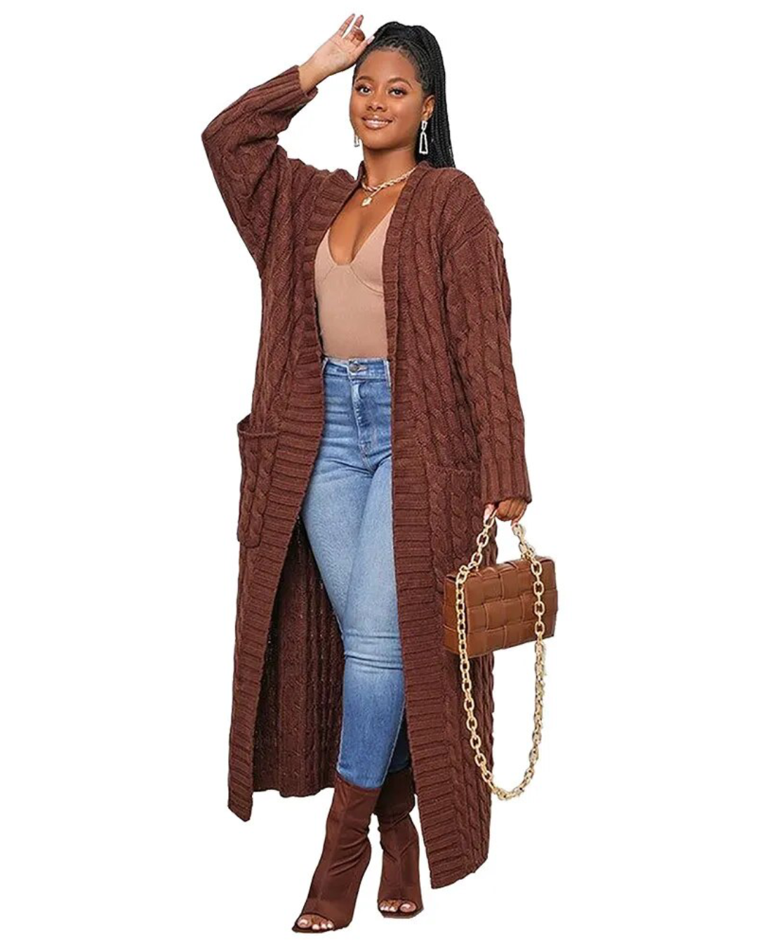 Long Knitted Cardigan V Neck Trench Coat Dark brown S 