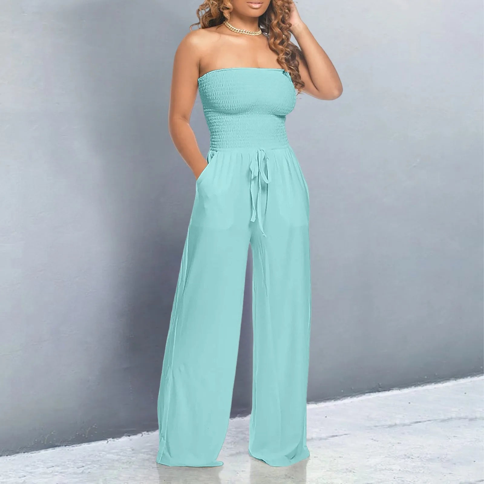 Strapless Ruched Wide-Leg Romper Blue S