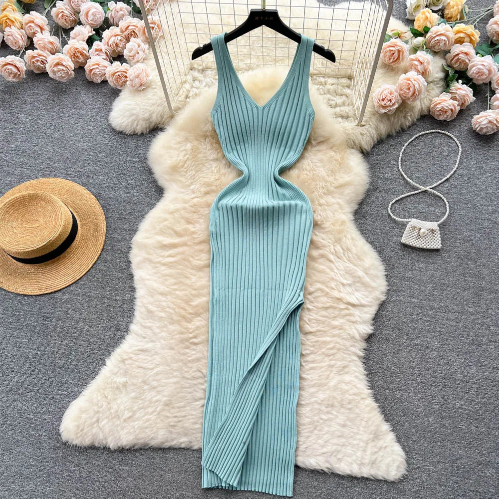 Stretchy Sleeveless Knitted Dress One Size Cyan