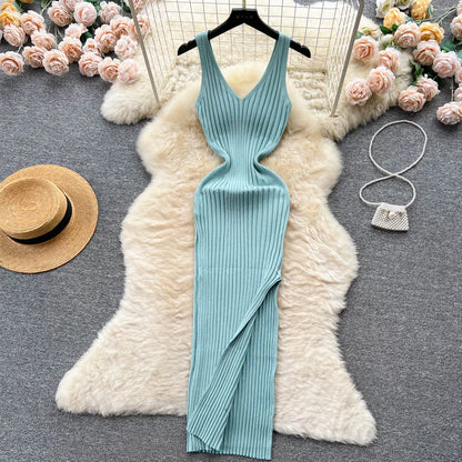 Stretchy Sleeveless Knitted Dress One Size Cyan
