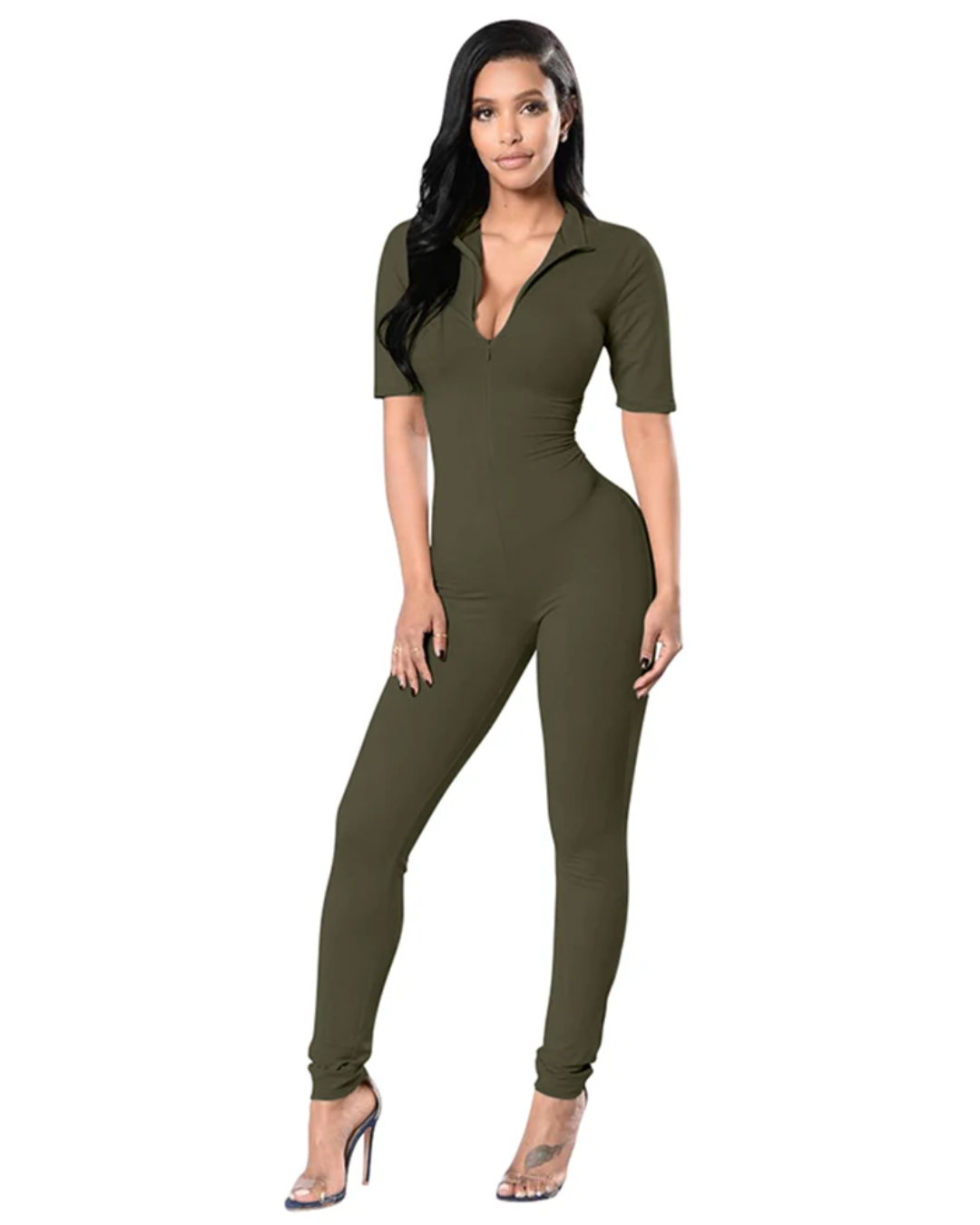 Short Sleeve V-Neck Jumpsuit Olive S 