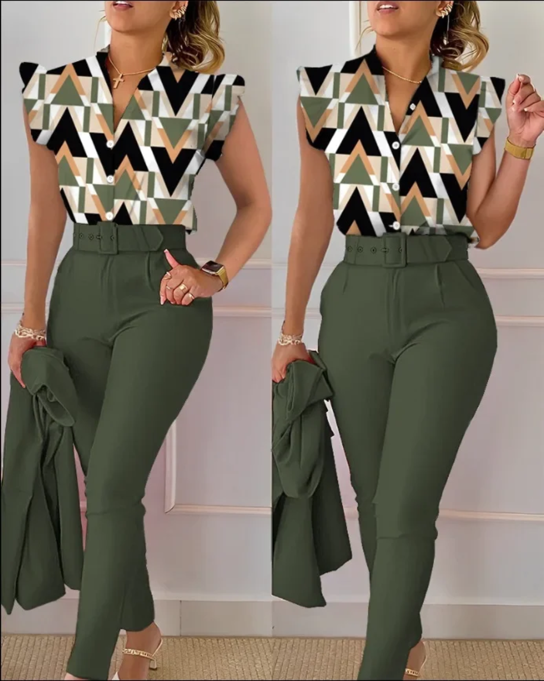 Floral Print Shirt and High Waist Pants with Belt Army Green S 