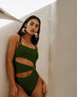 One piece flower cutout bikini cut swimsuit XL army green