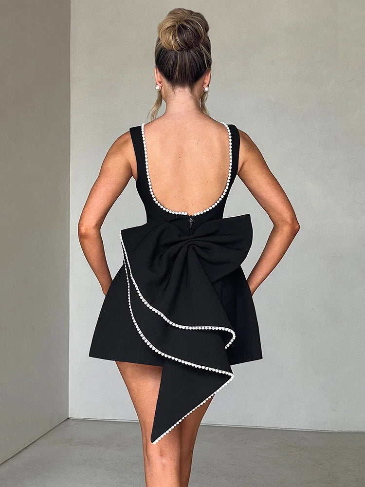 Pearl Bow Backless Sexy Mini Dress