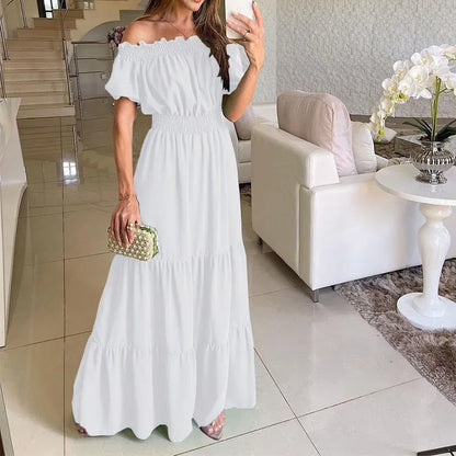 Off Shoulder Hem Lace Up Maxi Dress WHITE S