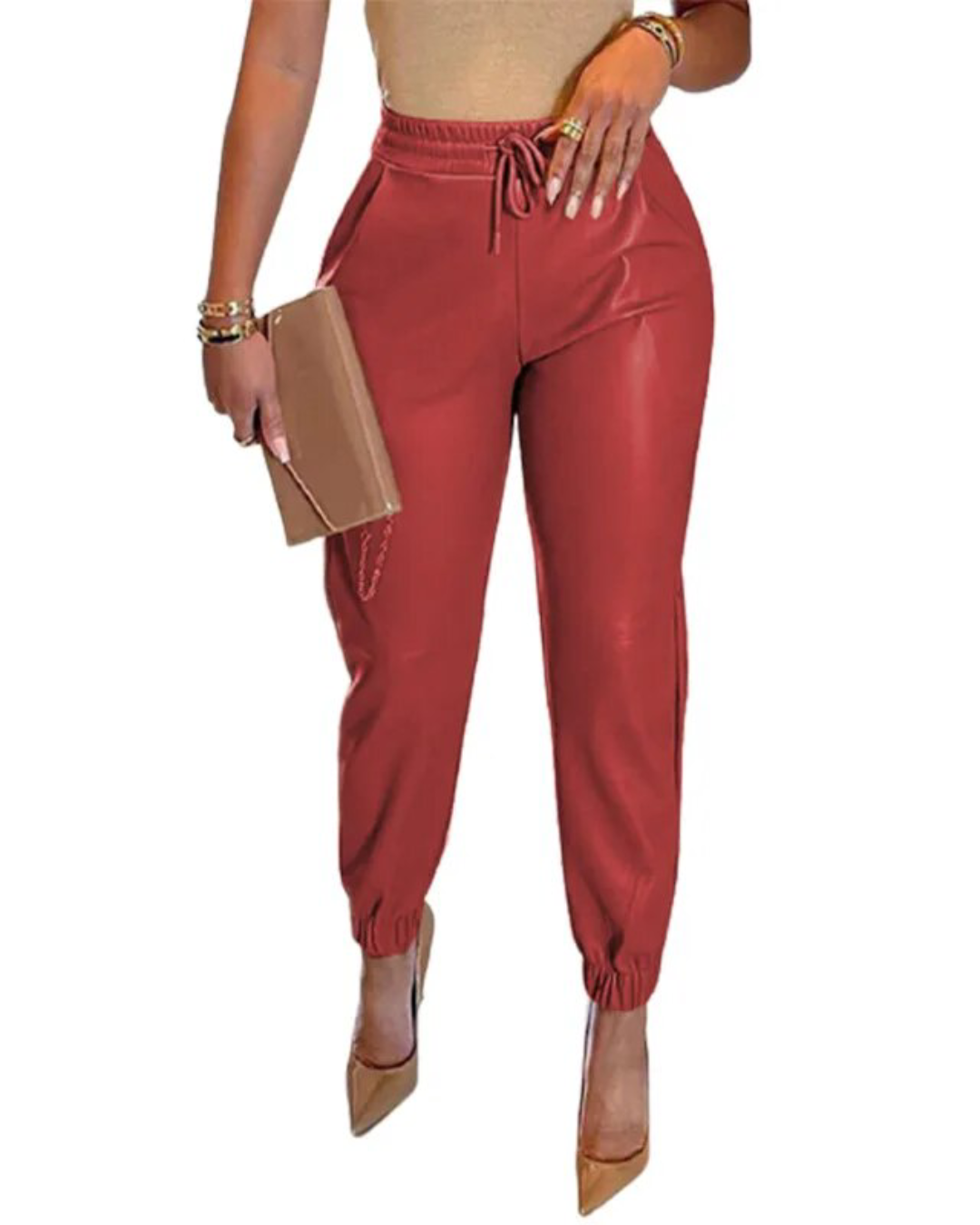 High Waist Loose Leather Pants Red S 