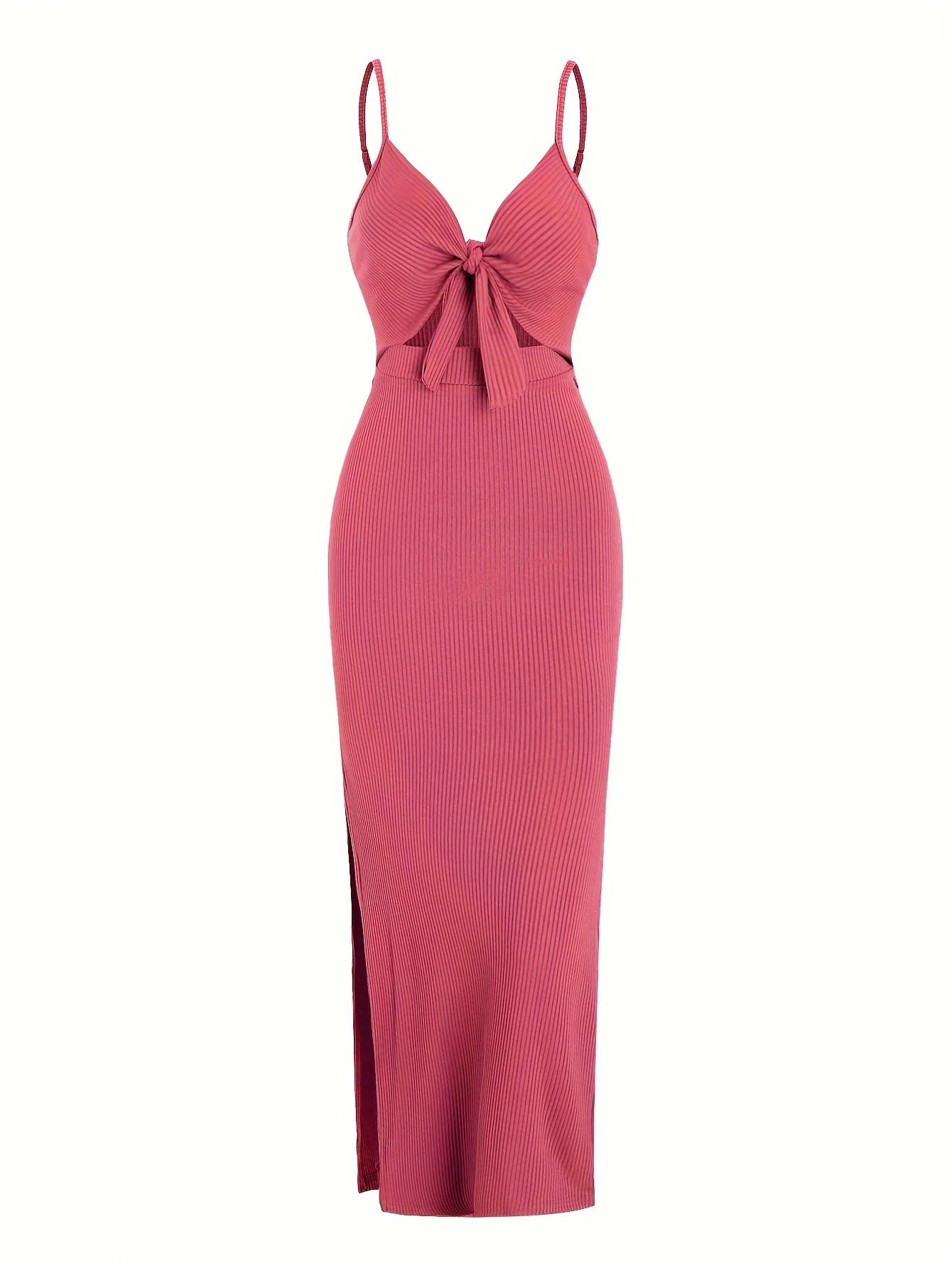 Sexy Ribbed Maxi Dress with Side Split Rose Red XS