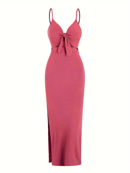 Sexy Ribbed Maxi Dress with Side Split Rose Red XS