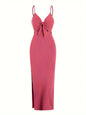 Sexy Ribbed Maxi Dress with Side Split Rose Red XS