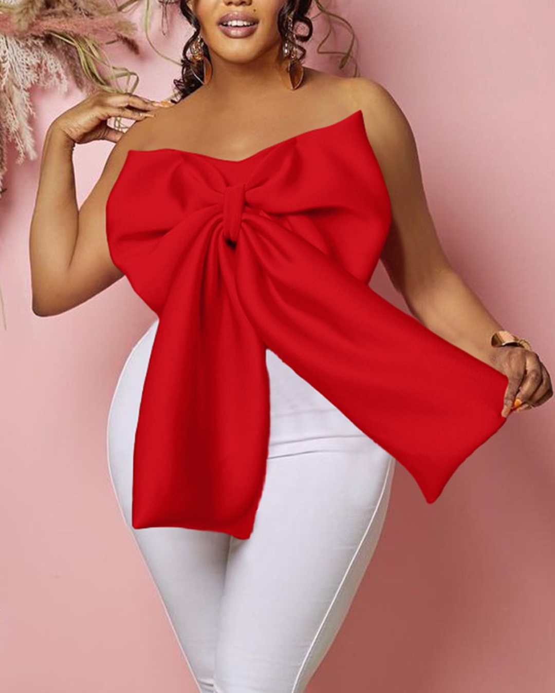 Strapless Bow Top Blouse Red S 