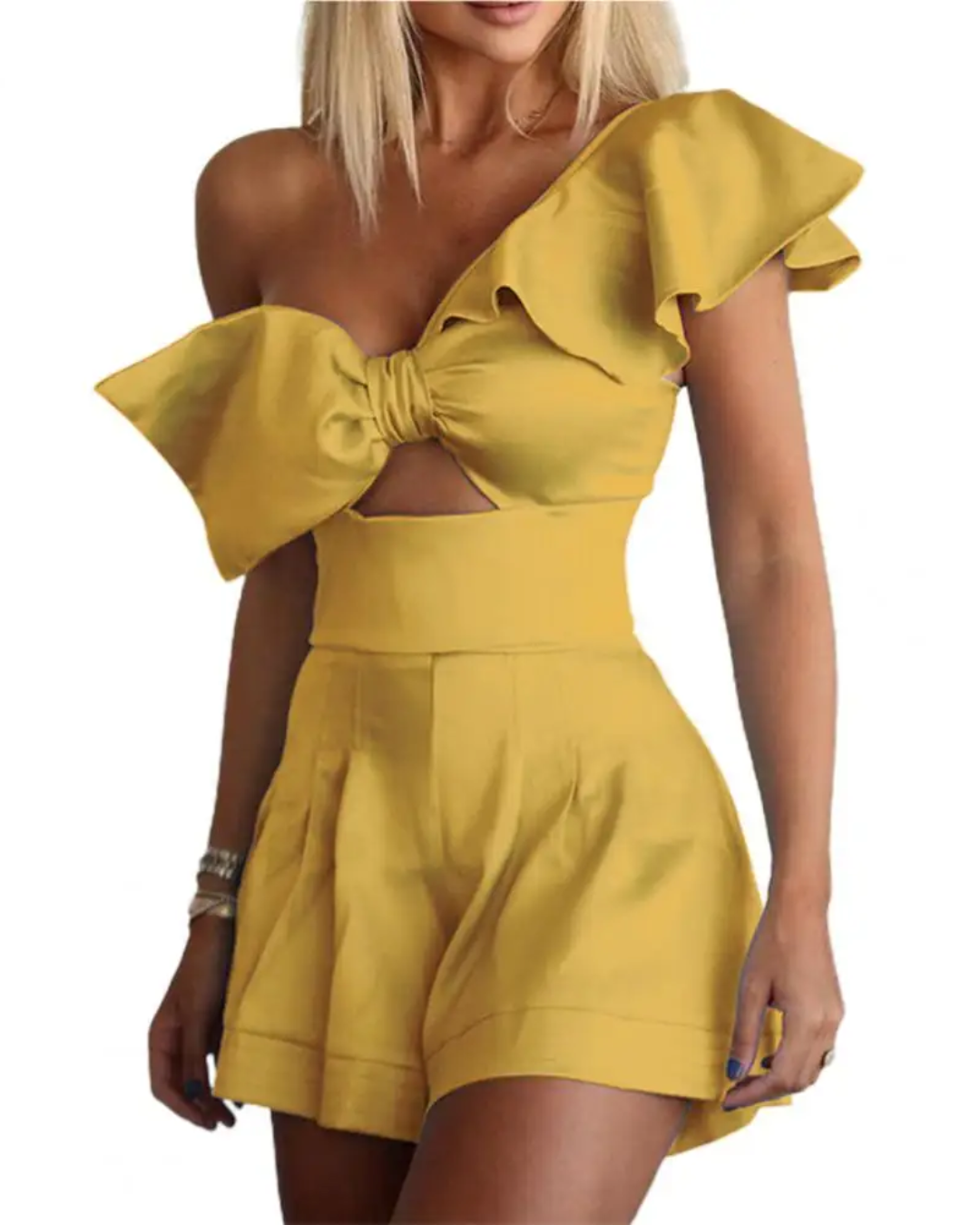 Single Shoulder Bowknot Romper Yellow S 