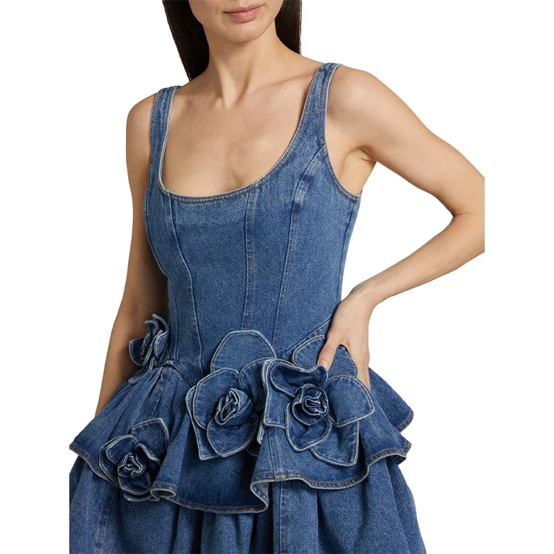 3D Flower Double-layer Denim Bow Mini Dress