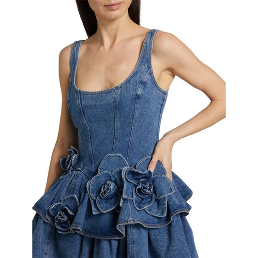 3D Flower Double-layer Denim Bow Mini Dress