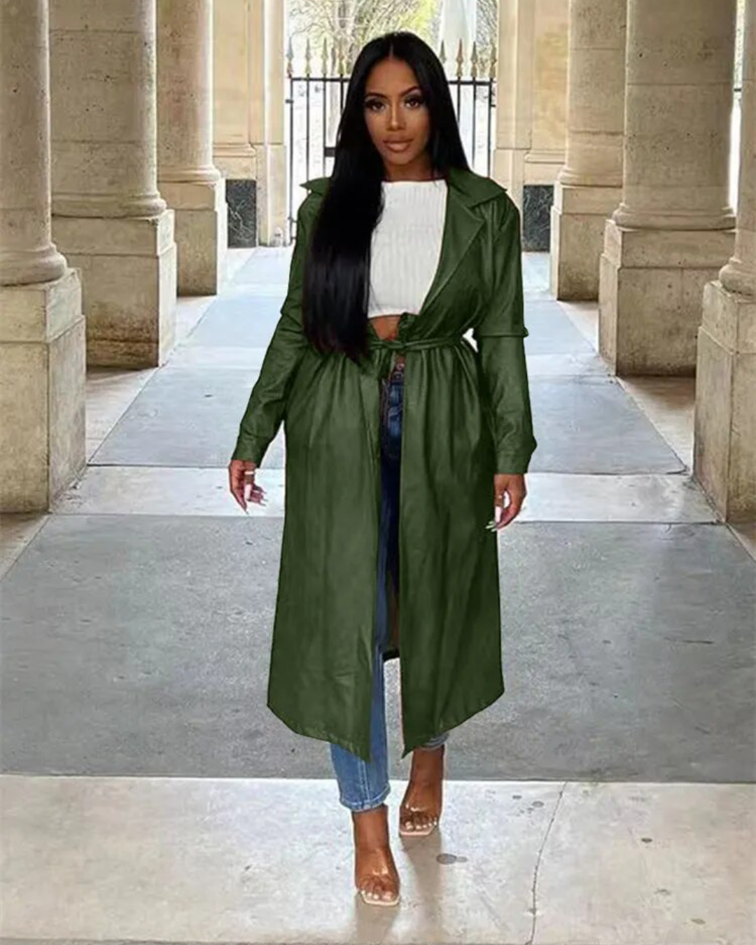 Long Belted Trench Coat Green S 