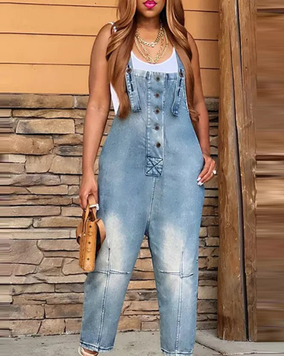 Pocket Design Buttoned Denim Jumpsuit Light  Blue S 