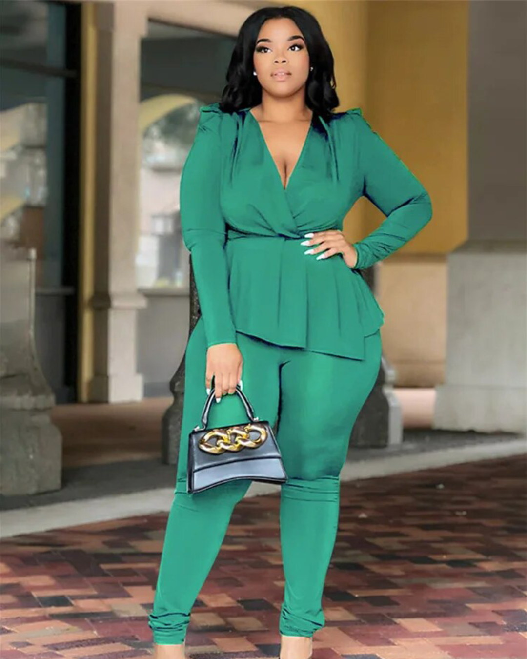 Plus Size Matching Top & Leggings Set Green L 