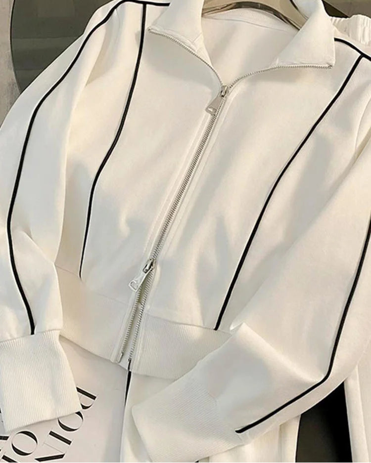 Cozy Striped Contrast Sweatshirt Pants Set Women Casual Lapel Full Sleeve Zipper Tops Long Trousers 2025 Autumn Lady Sportswear