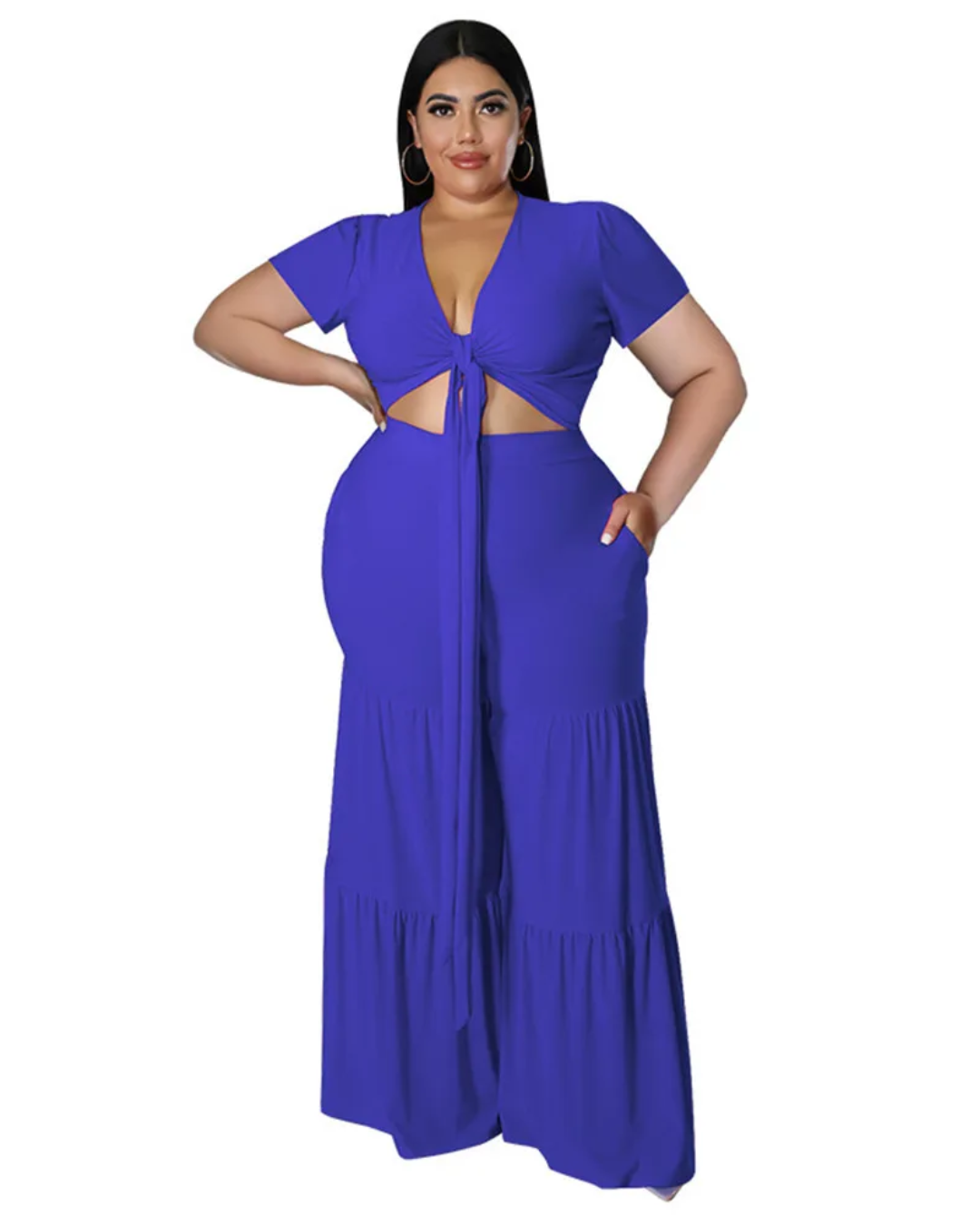 Plus Size Solid Bandage Two Piece Set Blue XL 