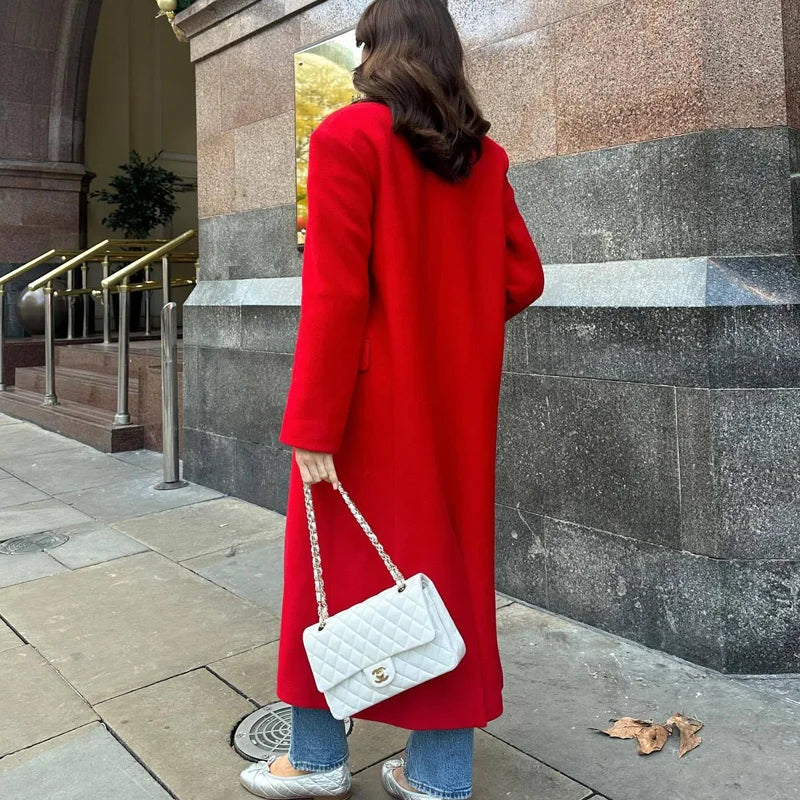 Red Faux Wool Casual Long Sleeve Coat