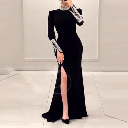Elegant Vintage Shiny Rhinestone Turtleneck Dress 01 Black S