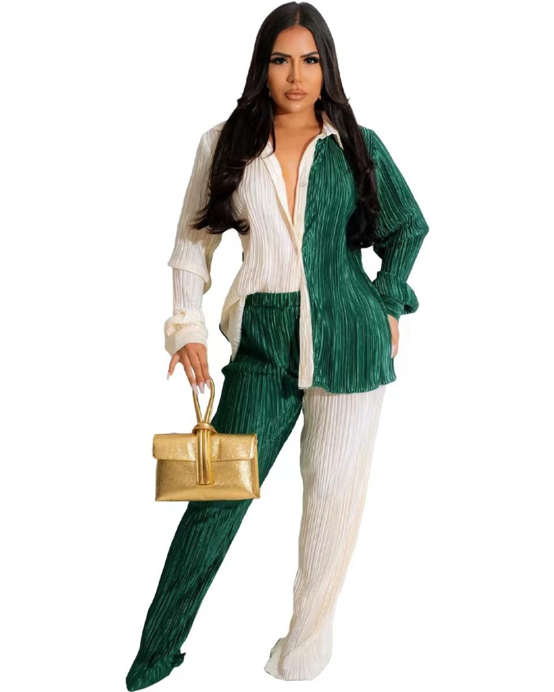 Pleated Spliced Long Sleeve Shirt and Wide Pants Set Green S 