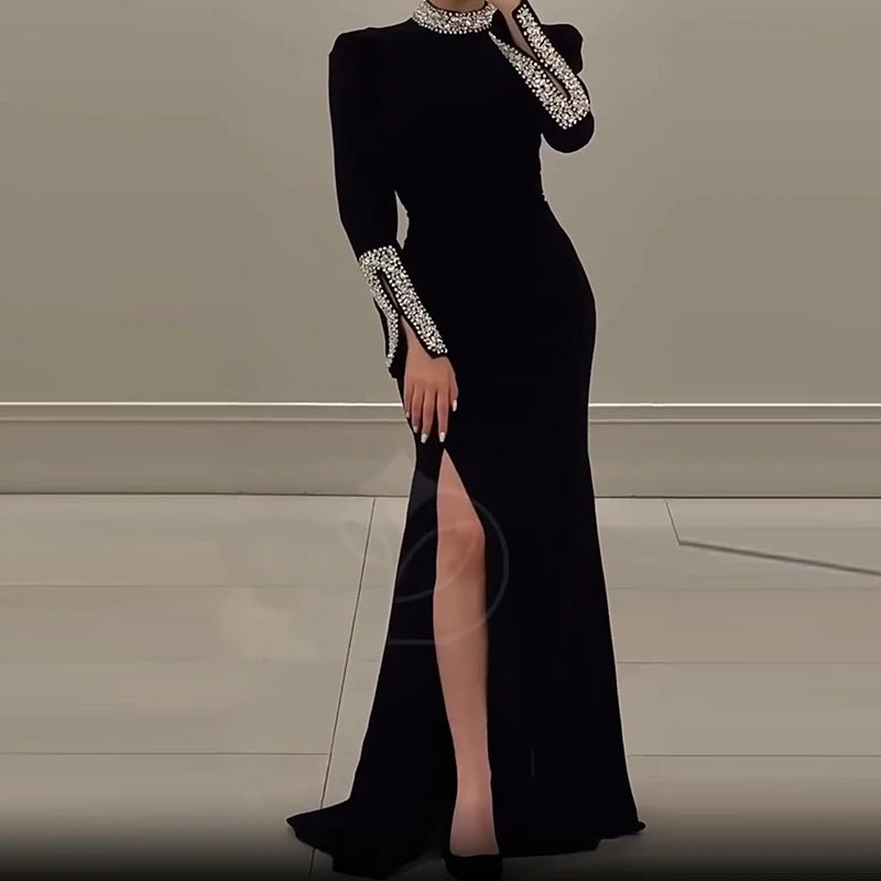 Elegant Vintage Shiny Rhinestone Turtleneck Dress