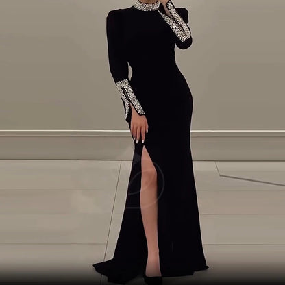 Elegant Vintage Shiny Rhinestone Turtleneck Dress