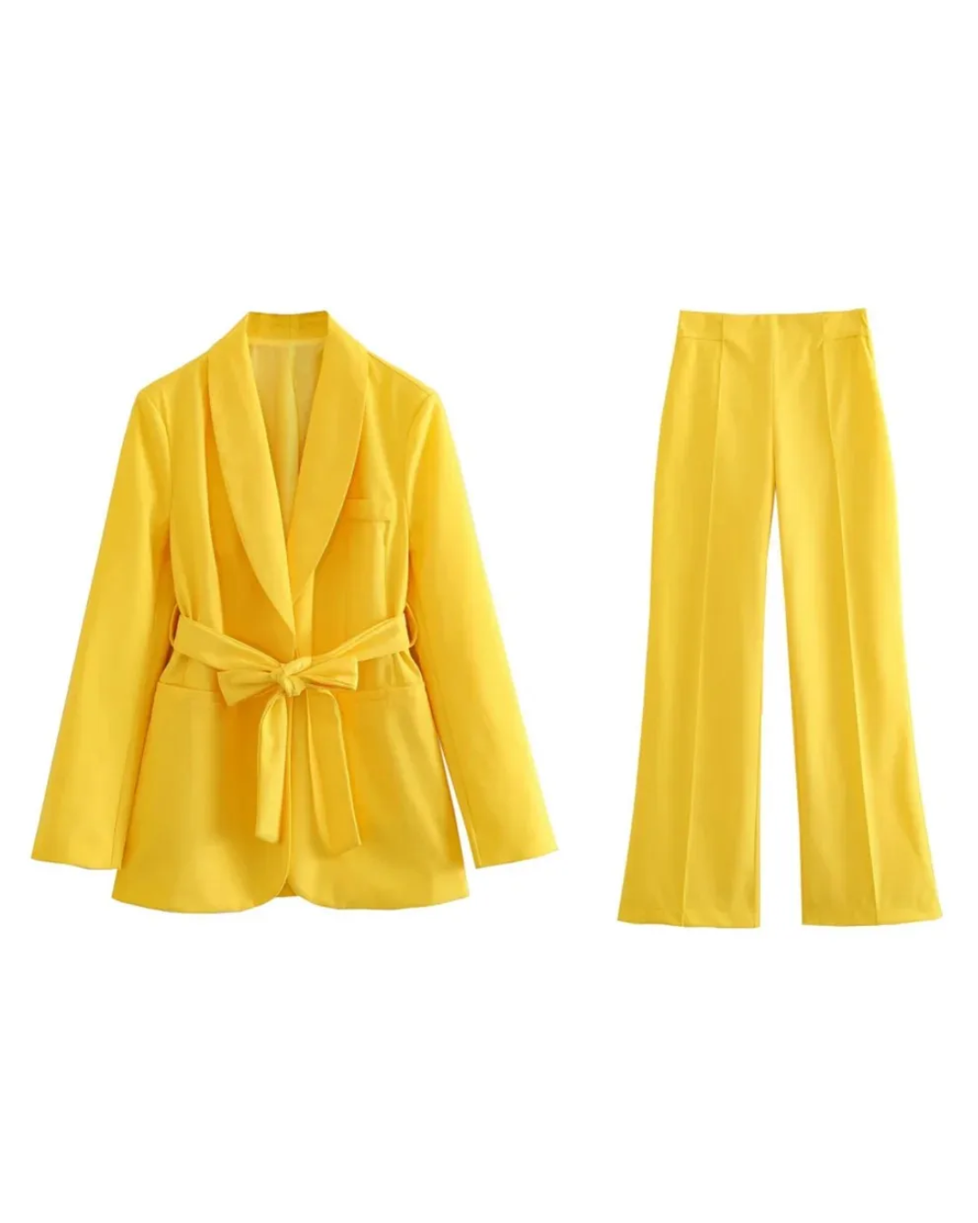 Loose Blazer and High Waist Pants Yellow XS 